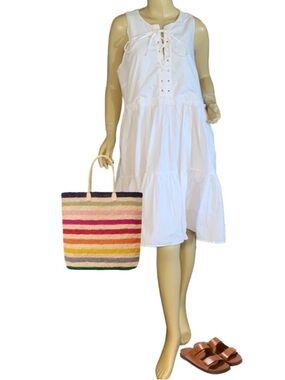 J. CREW WHITE COTTON POPLIN TIERED LACE UP MINI DRESS NWT (XL)